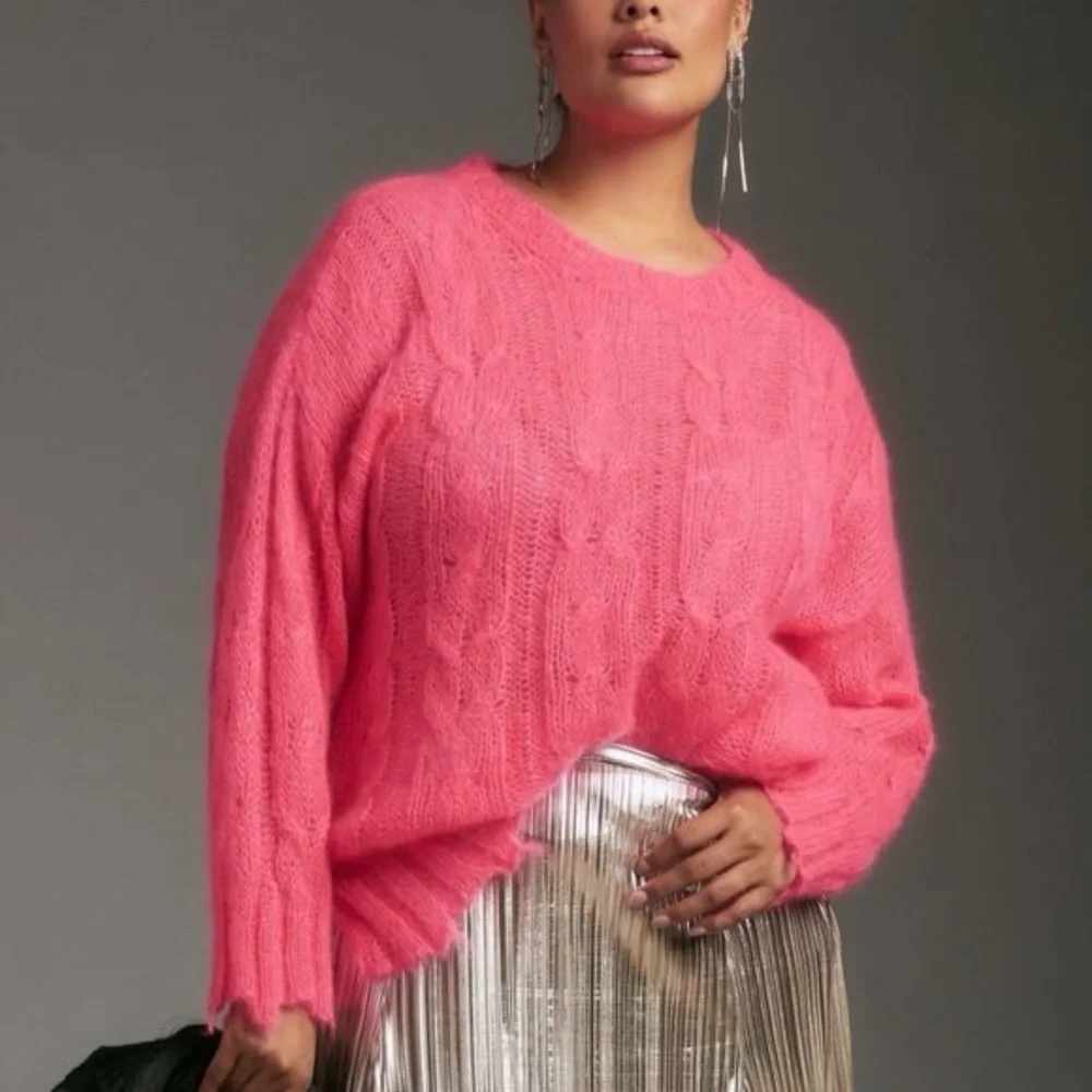 NWOT Anthropologie Hot Pink Distressed Sweater sz S - Picture 2 of 9
